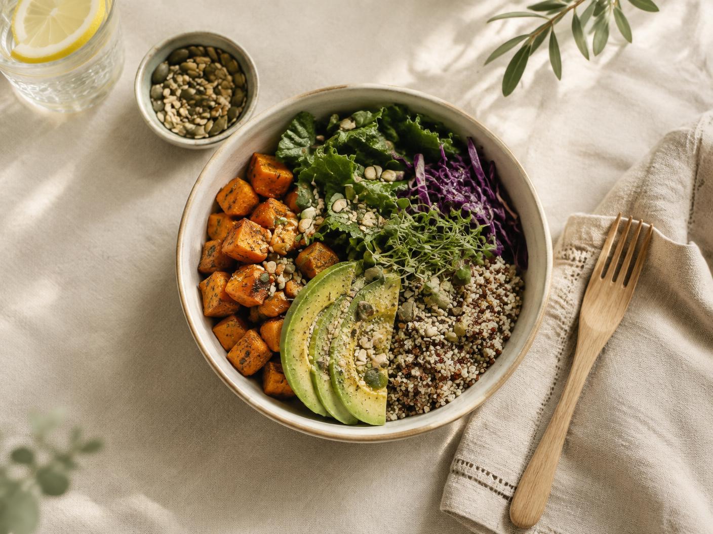 Bowl de refeição equilibrada com vegetais, grãos e sementes
